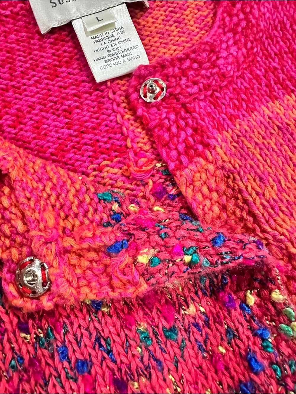 Susan Bristol Hot Pink & Orange Hand-Embroidered Knit Cardigan - Picture 3 of 8